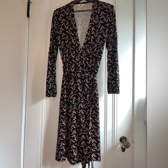 Boden Elodie Wrap Dress Long Sleeve Jersey Black Pink Gold Floret Print Size 10L - Picture 4 of 13